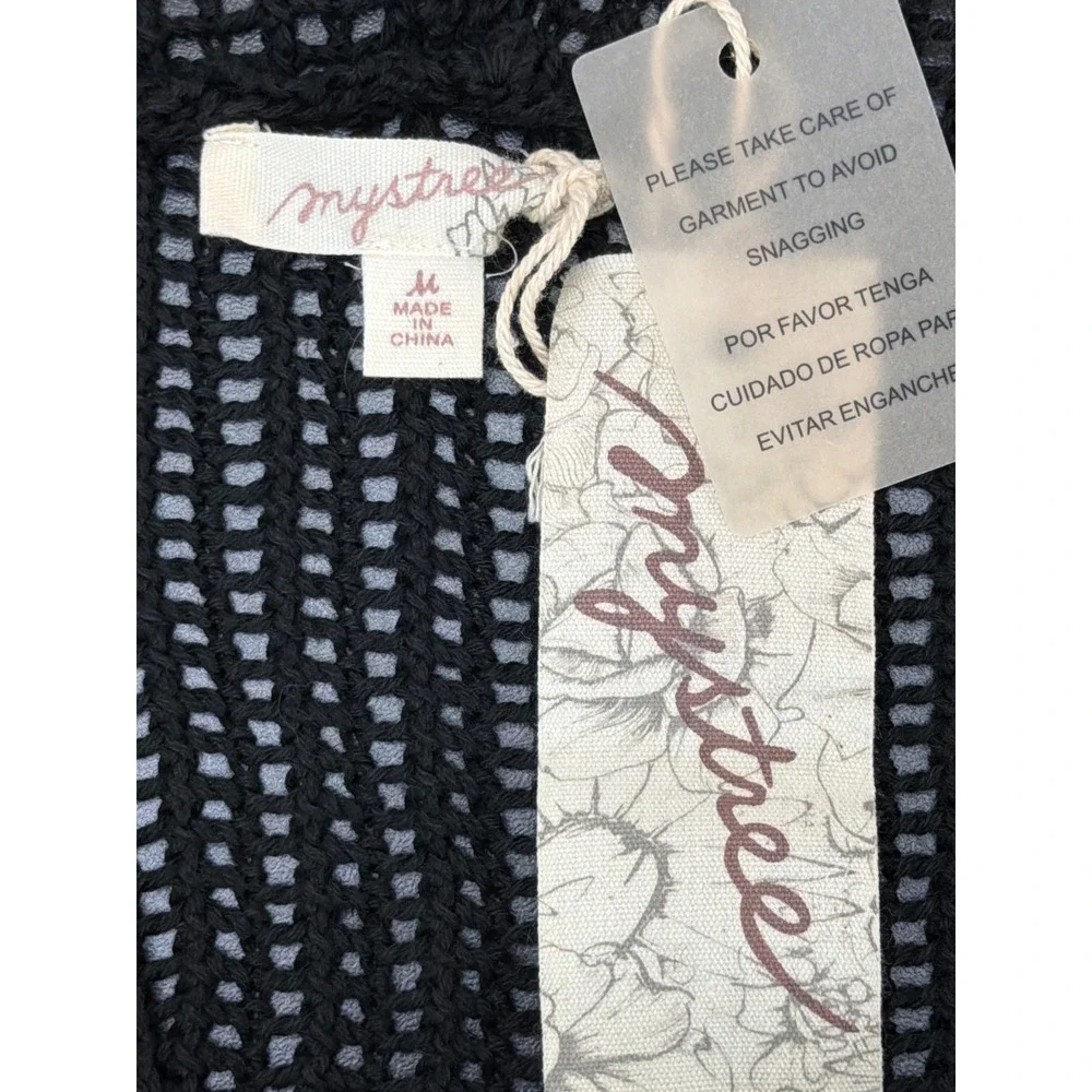 Mystree Black Open Knit Fishnet Hooded Bikini Cover Up M‎ Soft Beachy Stretchy